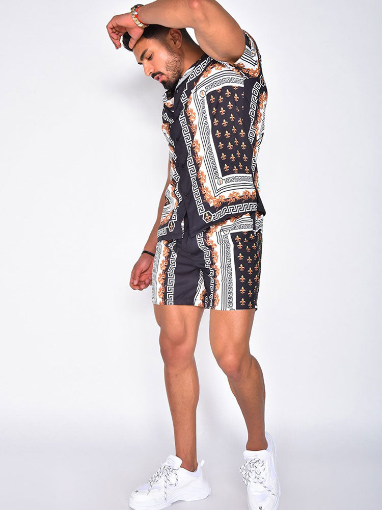 Heren zomerset – Korte mouwen overhemd en short – Blauw/zwart/goud – Print