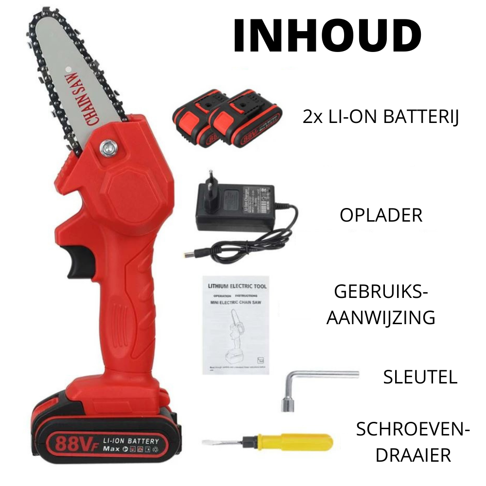 Elektrische kettingzaag op accu – Lichtgewicht, 88V, draadloos, compact, groen/zwart/oranje