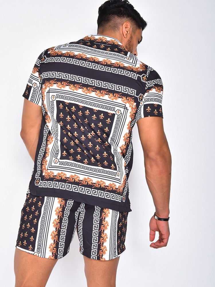 Heren zomerset – Korte mouwen overhemd en short – Blauw/zwart/goud – Print