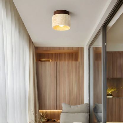 LumiTrove – Cilindervormige Travertin Plafondlamp met Houten Accent – Japanse Stijl Moderne Plafondverlichting