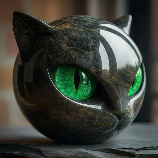EbonEyes Kattenhoofd Sculptuur – Elegant Zwart Kattenbeeld met Diep Indringende Hypnotiserende Ogen