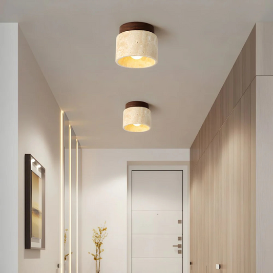 LumiTrove – Cilindervormige Travertin Plafondlamp met Houten Accent – Japanse Stijl Moderne Plafondverlichting