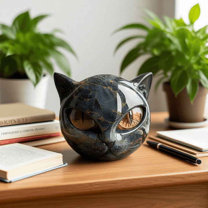 EbonEyes Kattenhoofd Sculptuur – Elegant Zwart Kattenbeeld met Diep Indringende Hypnotiserende Ogen