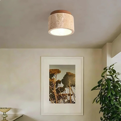 LumiTrove – Cilindervormige Travertin Plafondlamp met Houten Accent – Japanse Stijl Moderne Plafondverlichting