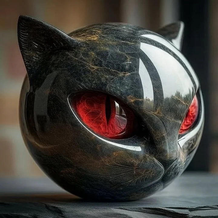 EbonEyes Kattenhoofd Sculptuur – Elegant Zwart Kattenbeeld met Diep Indringende Hypnotiserende Ogen