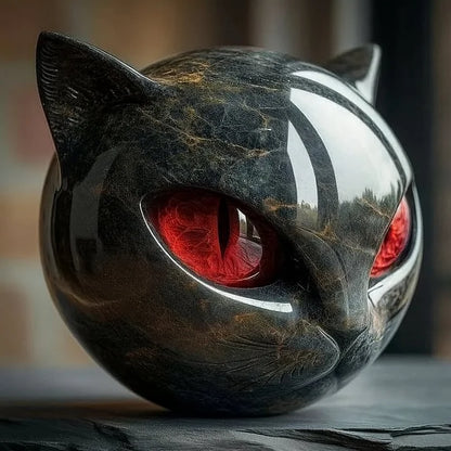 EbonEyes Kattenhoofd Sculptuur – Elegant Zwart Kattenbeeld met Diep Indringende Hypnotiserende Ogen