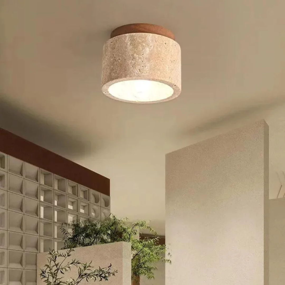LumiTrove – Cilindervormige Travertin Plafondlamp met Houten Accent – Japanse Stijl Moderne Plafondverlichting