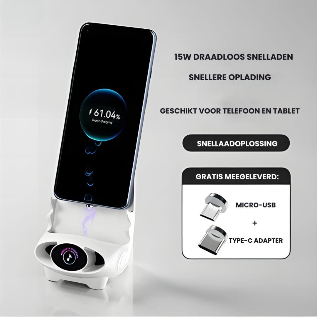 Slimme Mini Stoel Telefoonhouder Pro met Draadloos Opladen & Bluetooth Entertainment