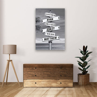 RetroRoots Family Art | Personaliseerbaar Canvas Kunst met Namen en Geboortedata – Uniek Retro Straatnaambordontwerp