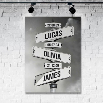 RetroRoots Family Art | Personaliseerbaar Canvas Kunst met Namen en Geboortedata – Uniek Retro Straatnaambordontwerp