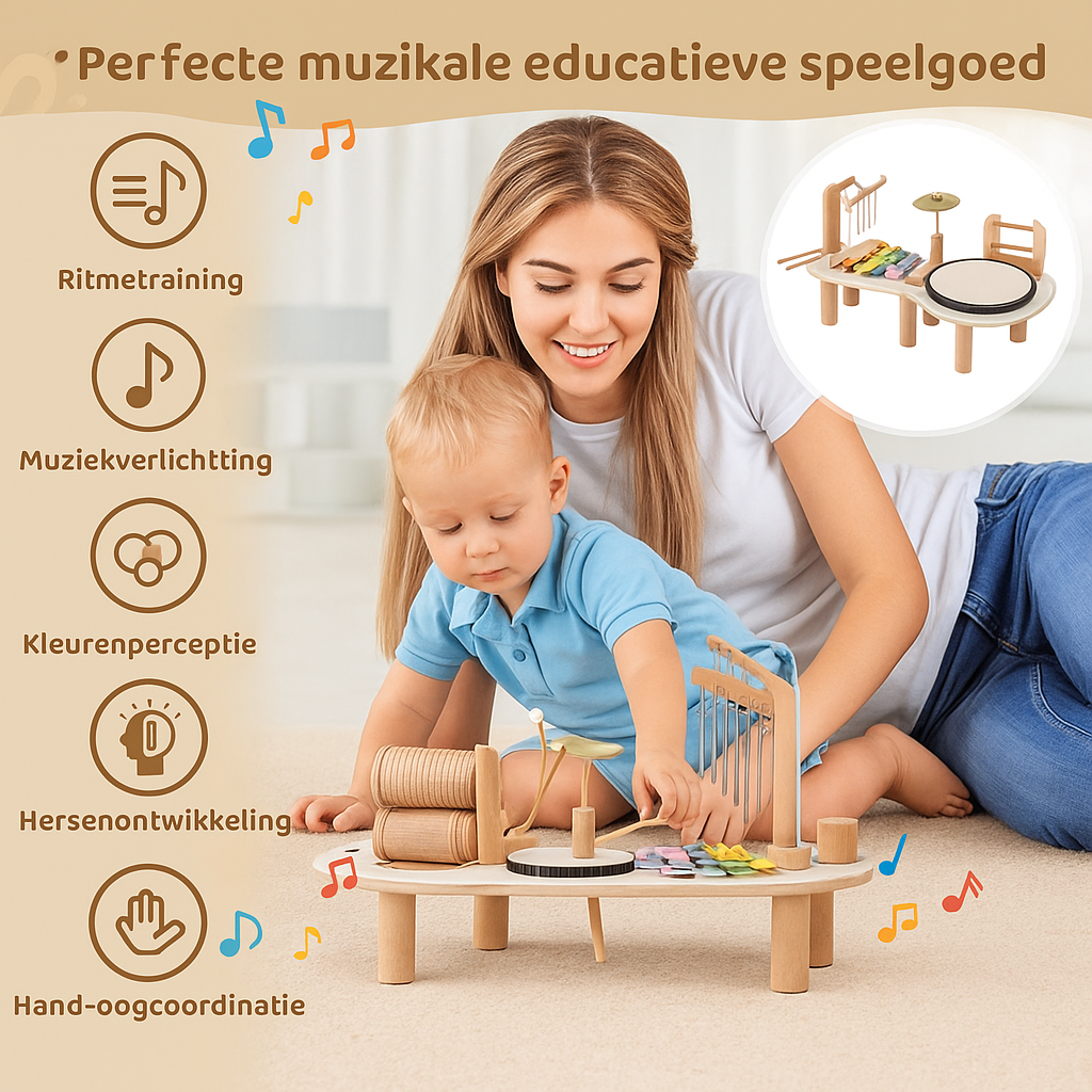 Houten Muziektafel - Educatief Muziekinstrument voor Kinderen, Inclusief Trommels, Xylofoon & Bekkens, +1 Jaar