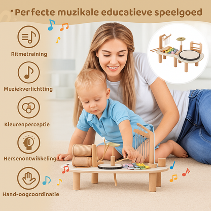 Houten Muziektafel - Educatief Muziekinstrument voor Kinderen, Inclusief Trommels, Xylofoon & Bekkens, +1 Jaar