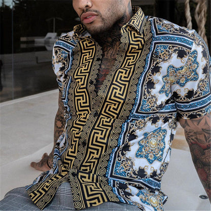 Heren zomerset – Korte mouwen overhemd en short – Blauw/zwart/goud – Print