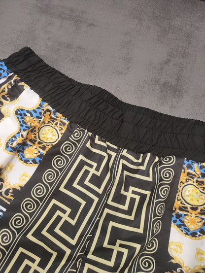 Heren zomerset – Korte mouwen overhemd en short – Blauw/zwart/goud – Print