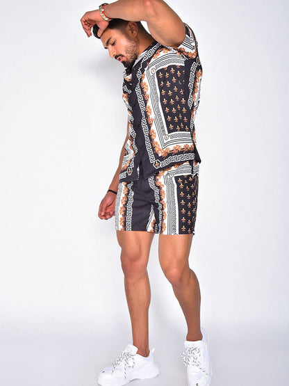 Heren zomerset – Korte mouwen overhemd en short – Blauw/zwart/goud – Print