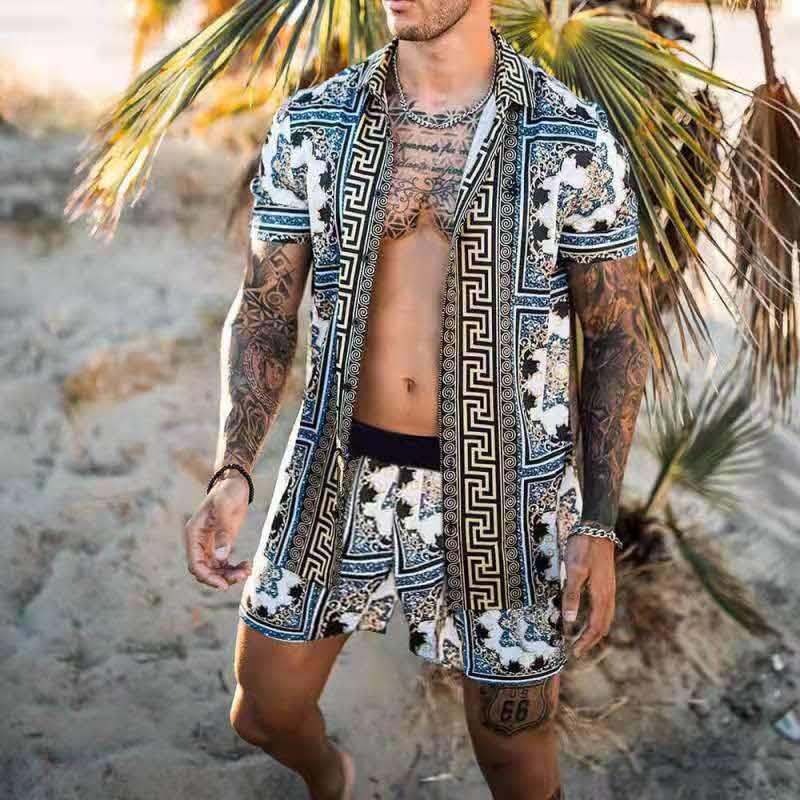 Heren zomerset – Korte mouwen overhemd en short – Blauw/zwart/goud – Print