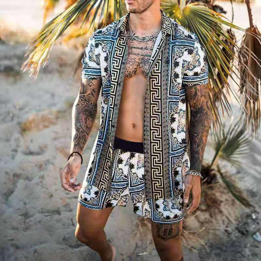 Heren zomerset – Korte mouwen overhemd en short – Blauw/zwart/goud – Print