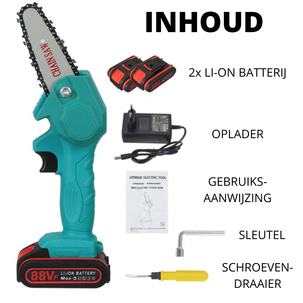 Elektrische kettingzaag op accu – Lichtgewicht, 88V, draadloos, compact, groen/zwart/oranje