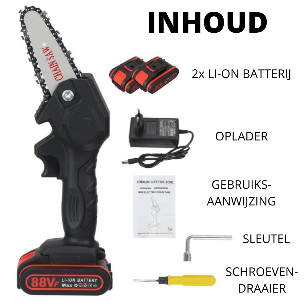 Elektrische kettingzaag op accu – Lichtgewicht, 88V, draadloos, compact, groen/zwart/oranje