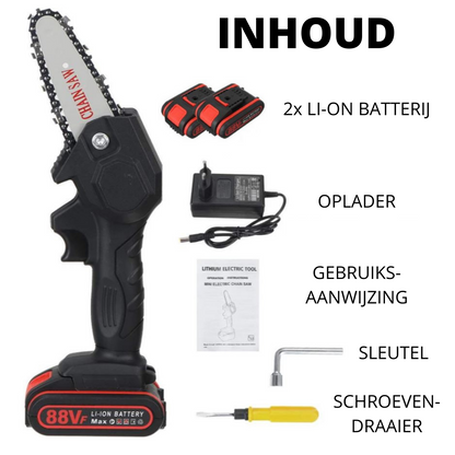 Elektrische kettingzaag op accu – Lichtgewicht, 88V, draadloos, compact, groen/zwart/oranje