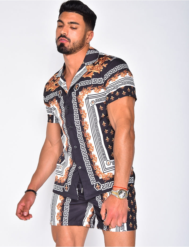 Heren zomerset – Korte mouwen overhemd en short – Blauw/zwart/goud – Print