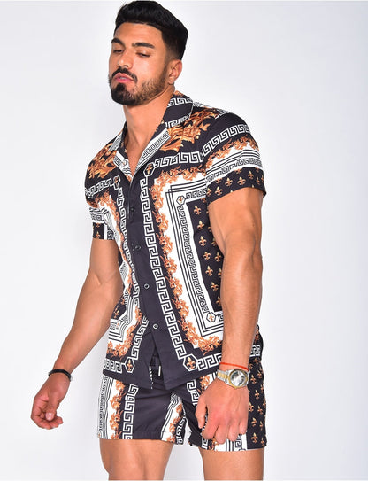 Heren zomerset – Korte mouwen overhemd en short – Blauw/zwart/goud – Print