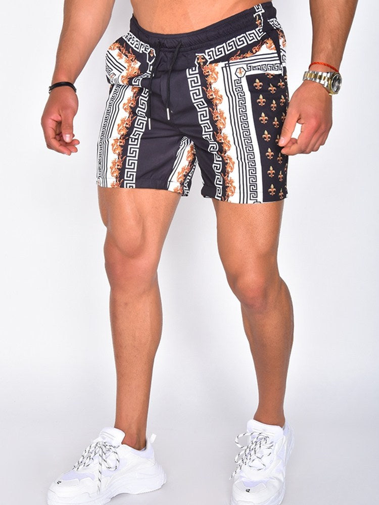 Heren zomerset – Korte mouwen overhemd en short – Blauw/zwart/goud – Print
