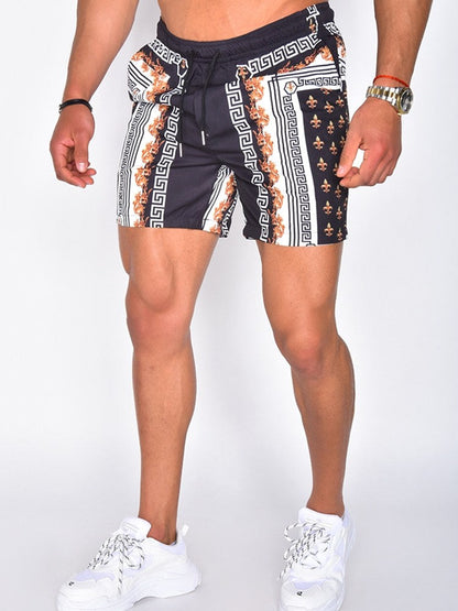 Heren zomerset – Korte mouwen overhemd en short – Blauw/zwart/goud – Print