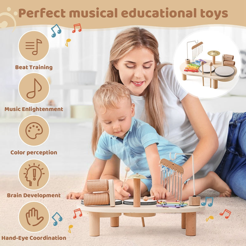 KiddieTunes Houten Muziektafel Kind - Xylofoon, Trommels & Bekkens (1+)