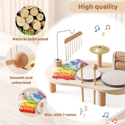 KiddieTunes Houten Muziektafel Kind - Xylofoon, Trommels & Bekkens (1+)