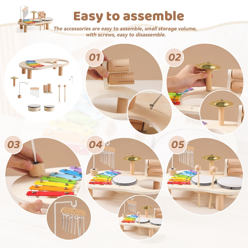 KiddieTunes Houten Muziektafel Kind - Xylofoon, Trommels & Bekkens (1+)