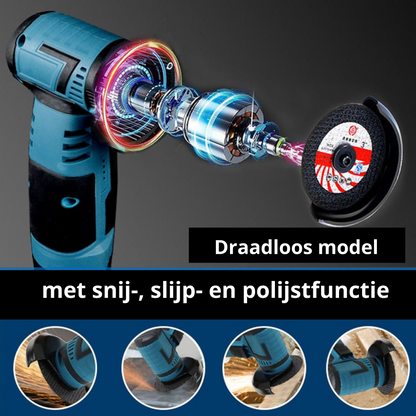 Draadloze haakse slijper 800W – krachtig, compact en multifunctioneel – blauw/zwart