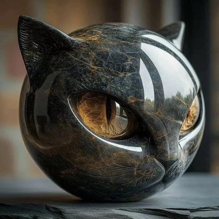 EbonEyes Kattenhoofd Sculptuur – Elegant Zwart Kattenbeeld met Diep Indringende Hypnotiserende Ogen