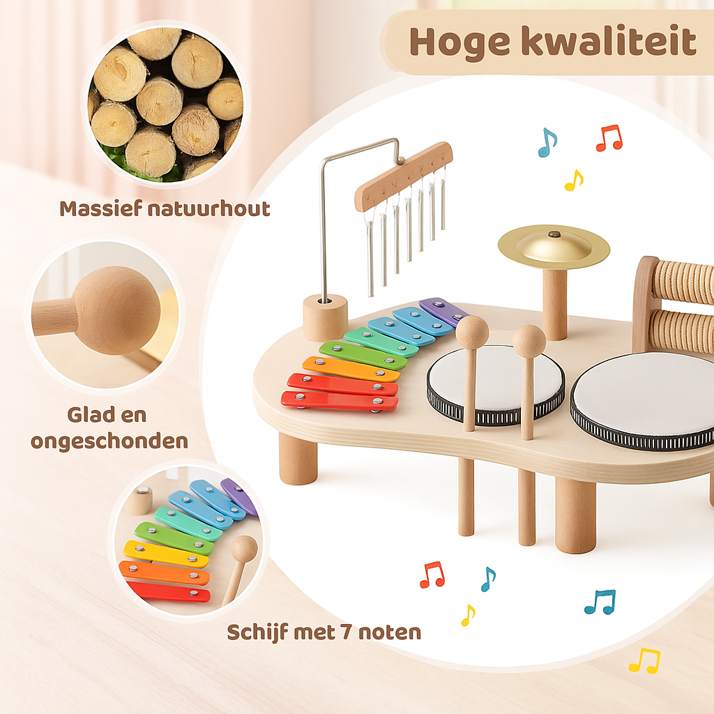 Houten Muziektafel - Educatief Muziekinstrument voor Kinderen, Inclusief Trommels, Xylofoon & Bekkens, +1 Jaar