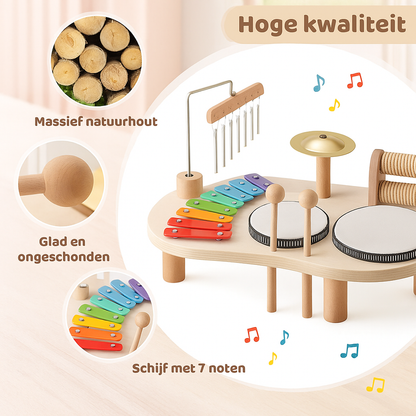 Houten Muziektafel - Educatief Muziekinstrument voor Kinderen, Inclusief Trommels, Xylofoon & Bekkens, +1 Jaar