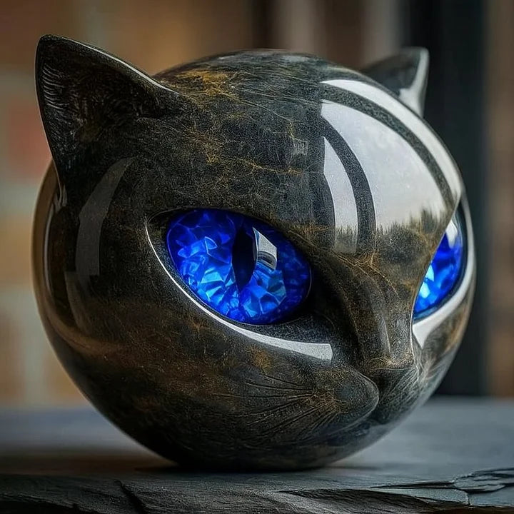 EbonEyes Kattenhoofd Sculptuur – Elegant Zwart Kattenbeeld met Diep Indringende Hypnotiserende Ogen