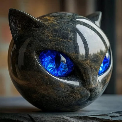 EbonEyes Kattenhoofd Sculptuur – Elegant Zwart Kattenbeeld met Diep Indringende Hypnotiserende Ogen