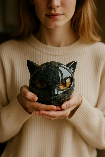 EbonEyes Kattenhoofd Sculptuur – Elegant Zwart Kattenbeeld met Diep Indringende Hypnotiserende Ogen