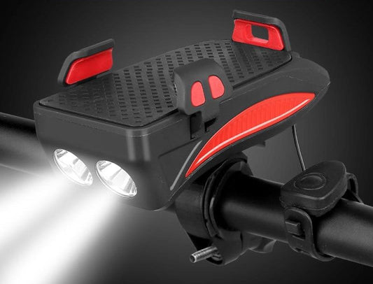 4-in-1 Fietstelefoonhouder met Powerbank, LED Verlichting en Claxon - Zwart/Rood