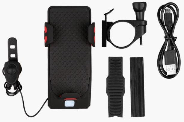 4-in-1 Fietstelefoonhouder met Powerbank, LED Verlichting en Claxon - Zwart/Rood
