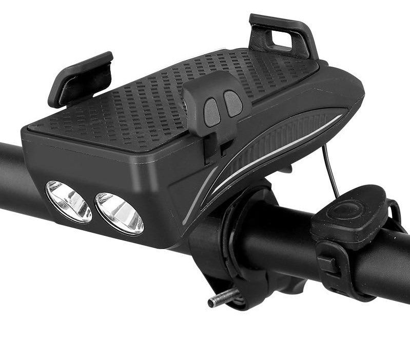 4-in-1 Fietstelefoonhouder met Powerbank, LED Verlichting en Claxon - Zwart/Rood